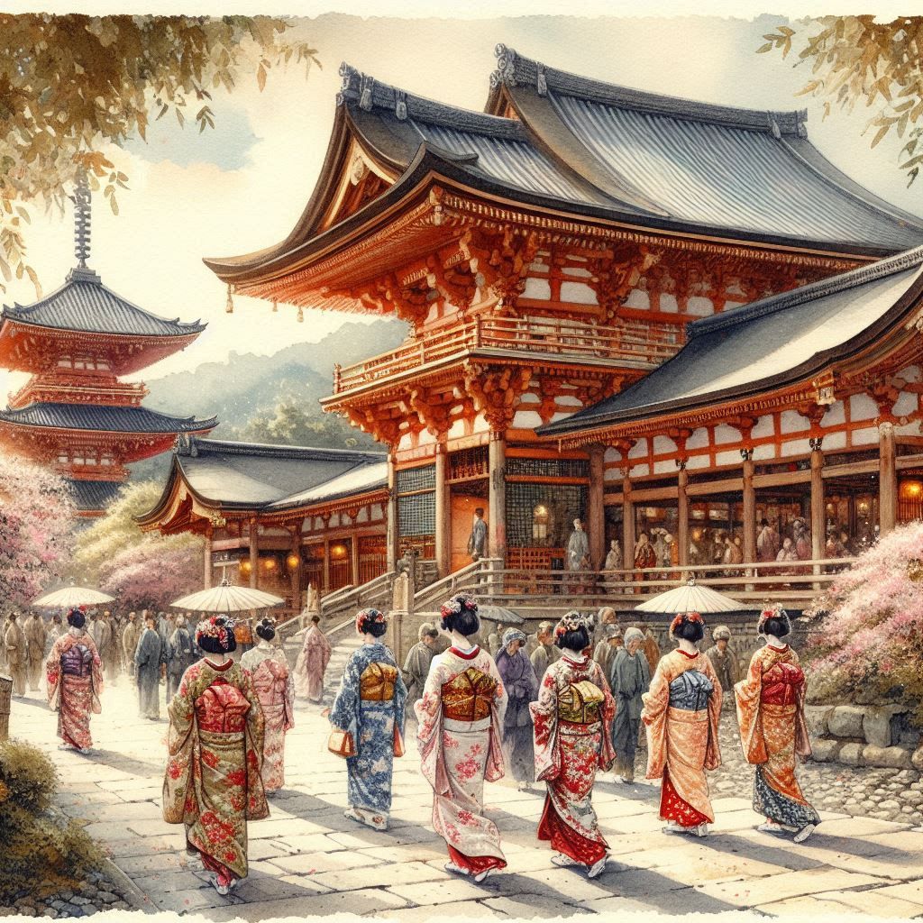 Kioto temple in old times, with beautiful kimonos, watercolo...