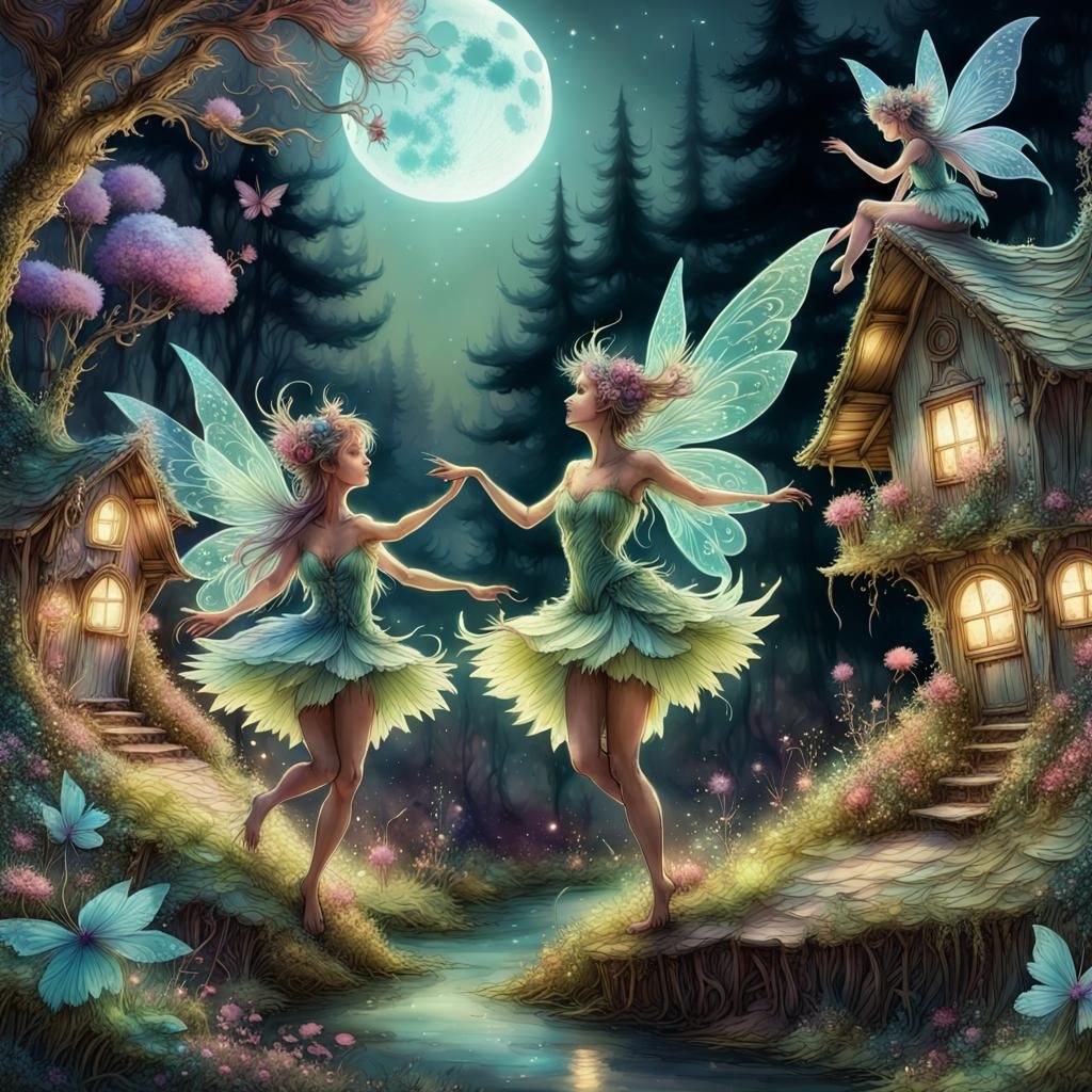 fairies dancing under the moonlight in a fairy village with lush ...