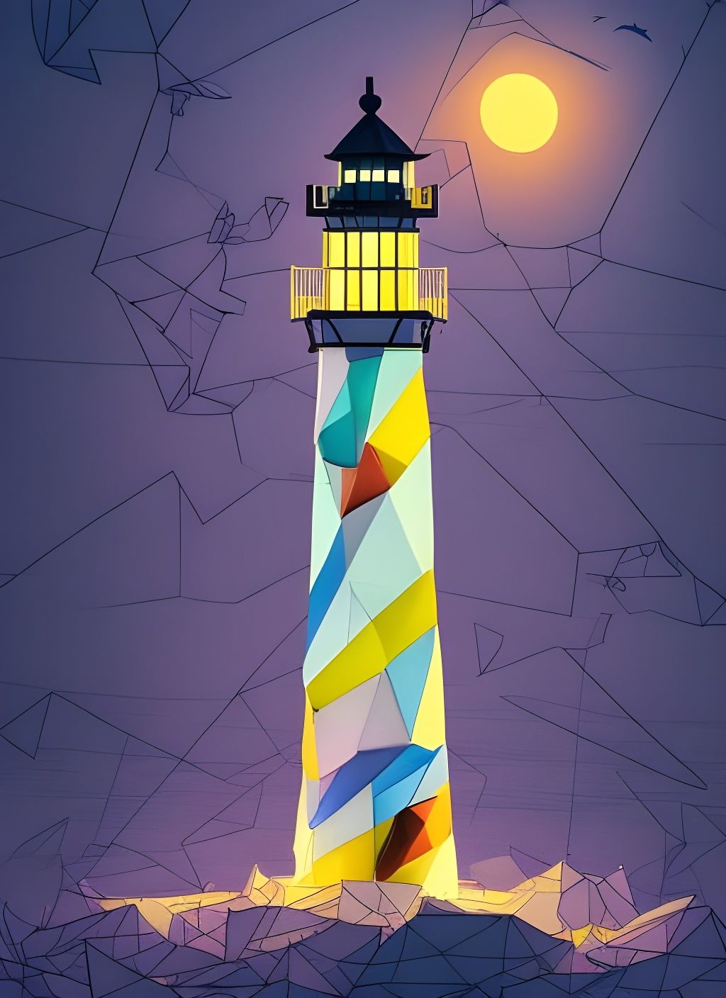 Origami Lighthouse at Night: Detailed Photoillustration