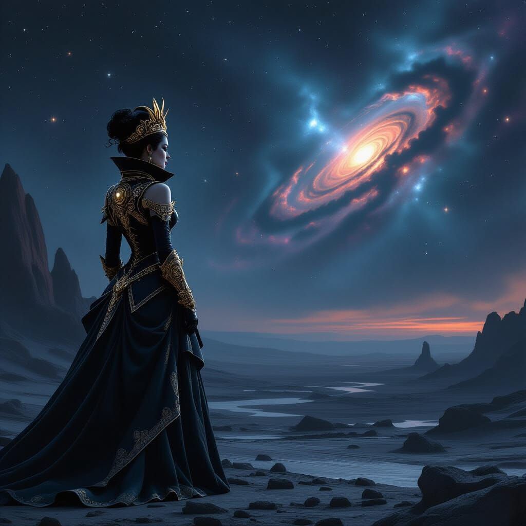 A solitary queen, adorned in intricate steampunk attire, stands on a desolate, starlit planet, gazing at a distant nebula. Her expression is...