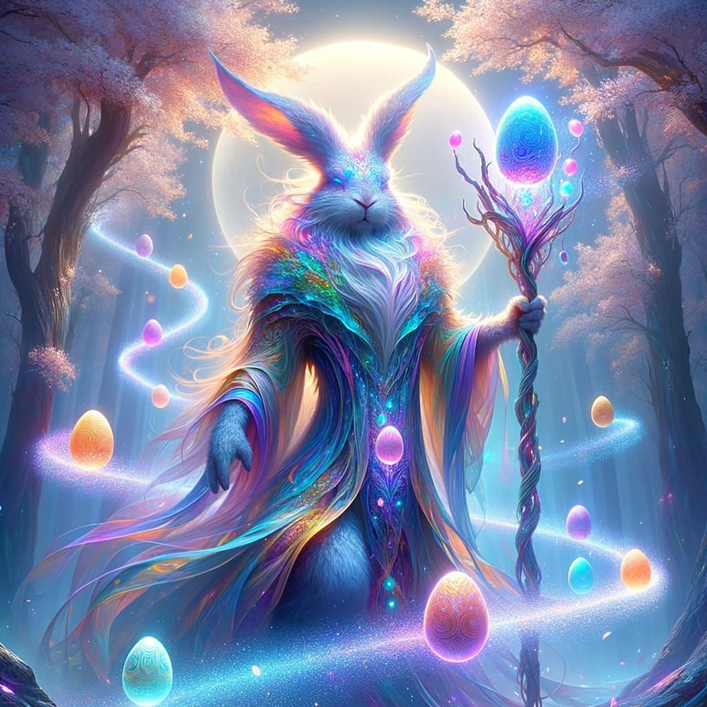 A majestic anthropomorphic Easter Bunny with iridescent fur and mystical robes, wielding a crystal staff ...  by @Angel Mouse