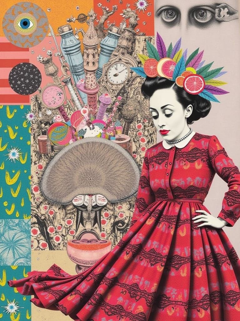 <lora:SecretSauce:1.0> <lora:mmcollage:1.0> <lora:G1i7ch5c4p3:1.0> Vibrant, dreamlike woman with bold, expressive features and swirling hair...