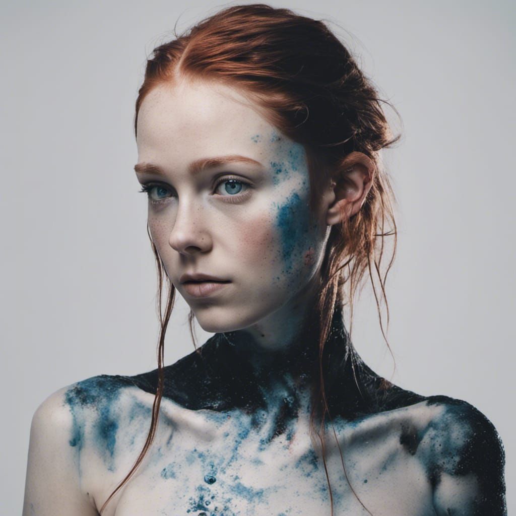 Long red hair and piercing blue eyes