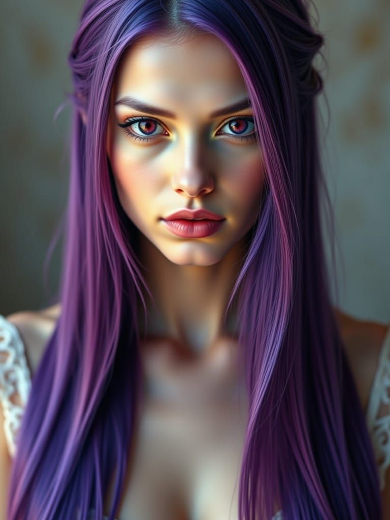 <lora:Boone:1.0> Hyper-realistic portrait of a young, elegant woman with fair skin. She has long, straight <purple> hair, falling gently ove...