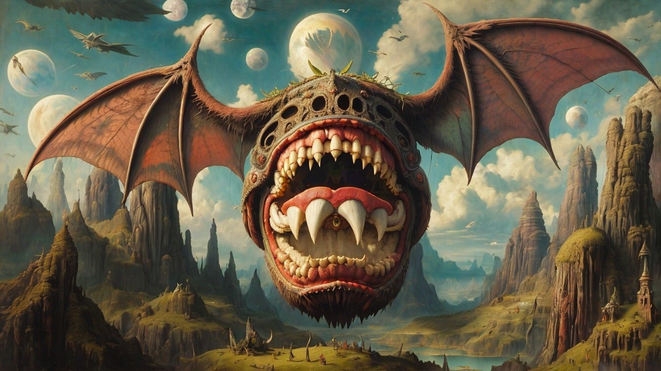 THE GRAT MASTICATOR HOVERS OVER BOSCO'S LANDSCAPE