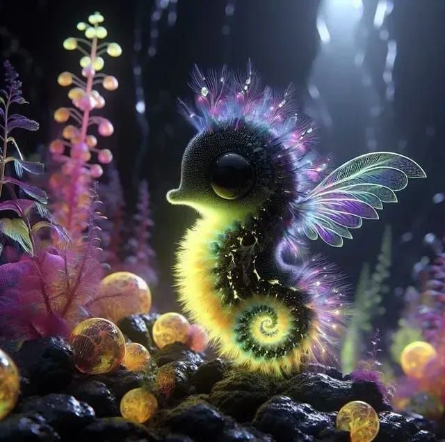 Teeny Tiny Yellow-Black Fluffy Seahorse