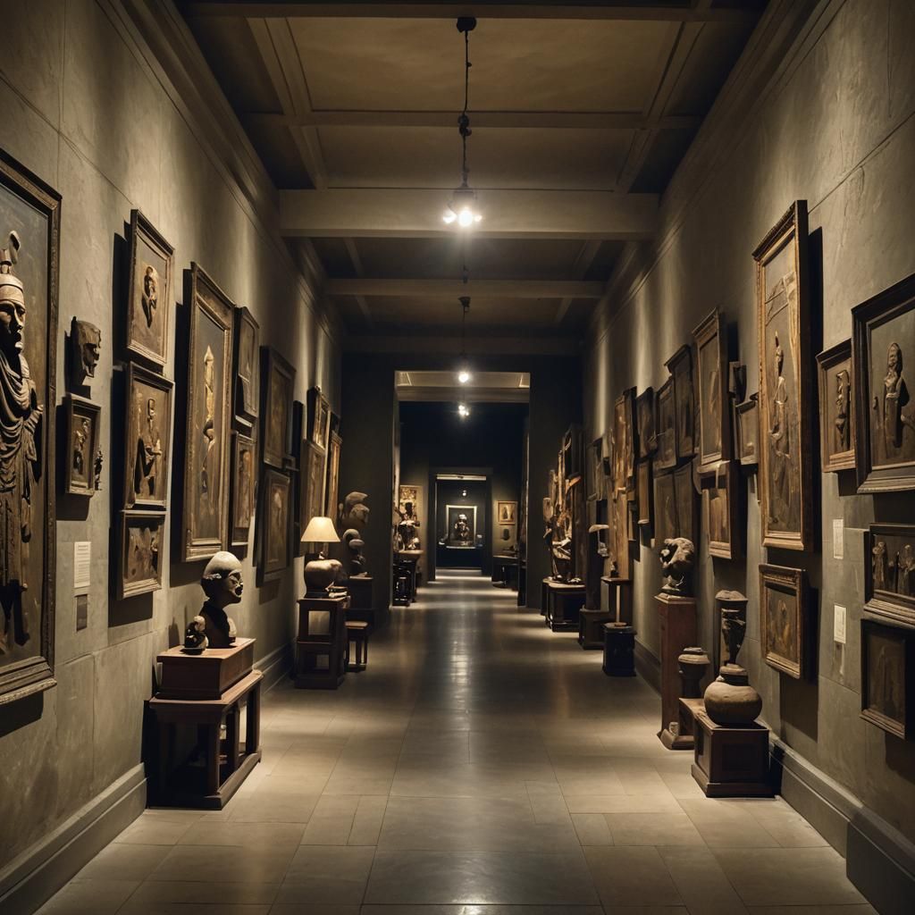 A dimly lit museum