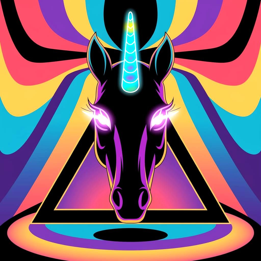 The Cyberpunk Unicorn Dreams. Facing the viewer. Only the Unicorn's head is visible, floating in the middle of the background. Poster design...