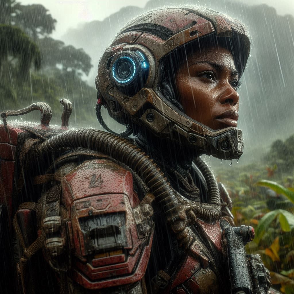 A female Space Marine on an endurance march on a jungle plan...