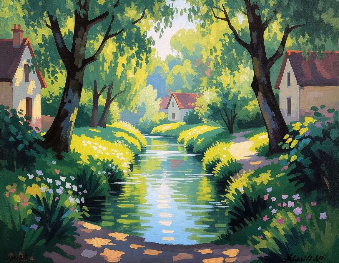 A serene village nestled within a hidden natural sanctuary