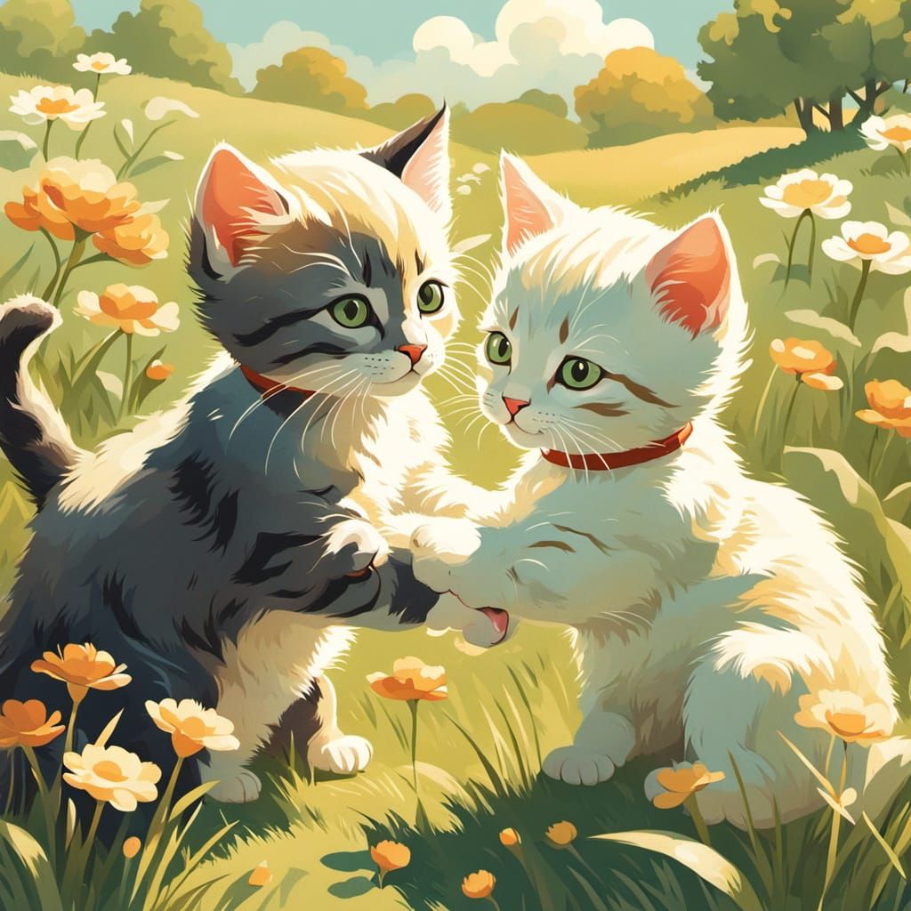 Two Kittens Play in a Sunlit Meadow, Vintage Children's Book...