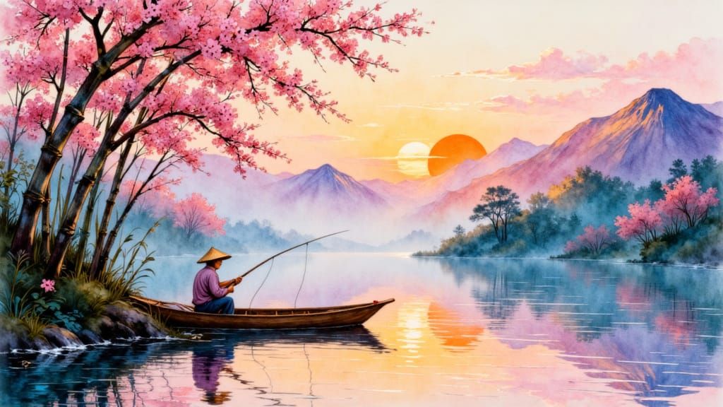 ink abd pencil line art  made of many colourful thick and fin connected lines depicting a japanese fisherman fishing in a puddle of paint a...