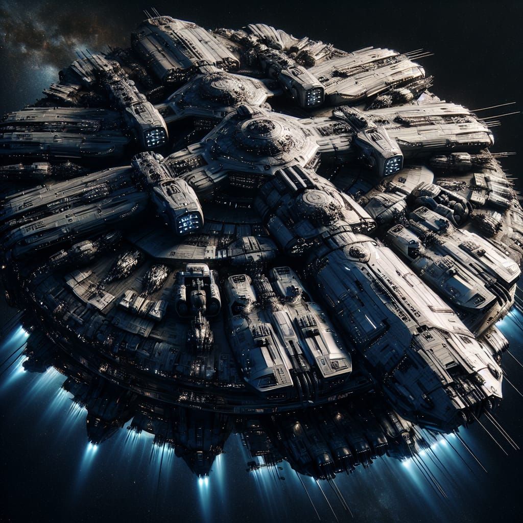 A massive capital spaceship looms in deep space, bristling w...
