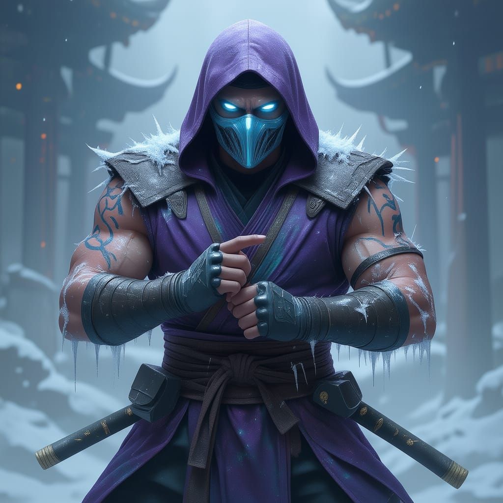 A strong, sinister ninja like magic user who looks like a mix of sub zero from mortal Kombat and tobirama senju from Naruto. He has frosted ...