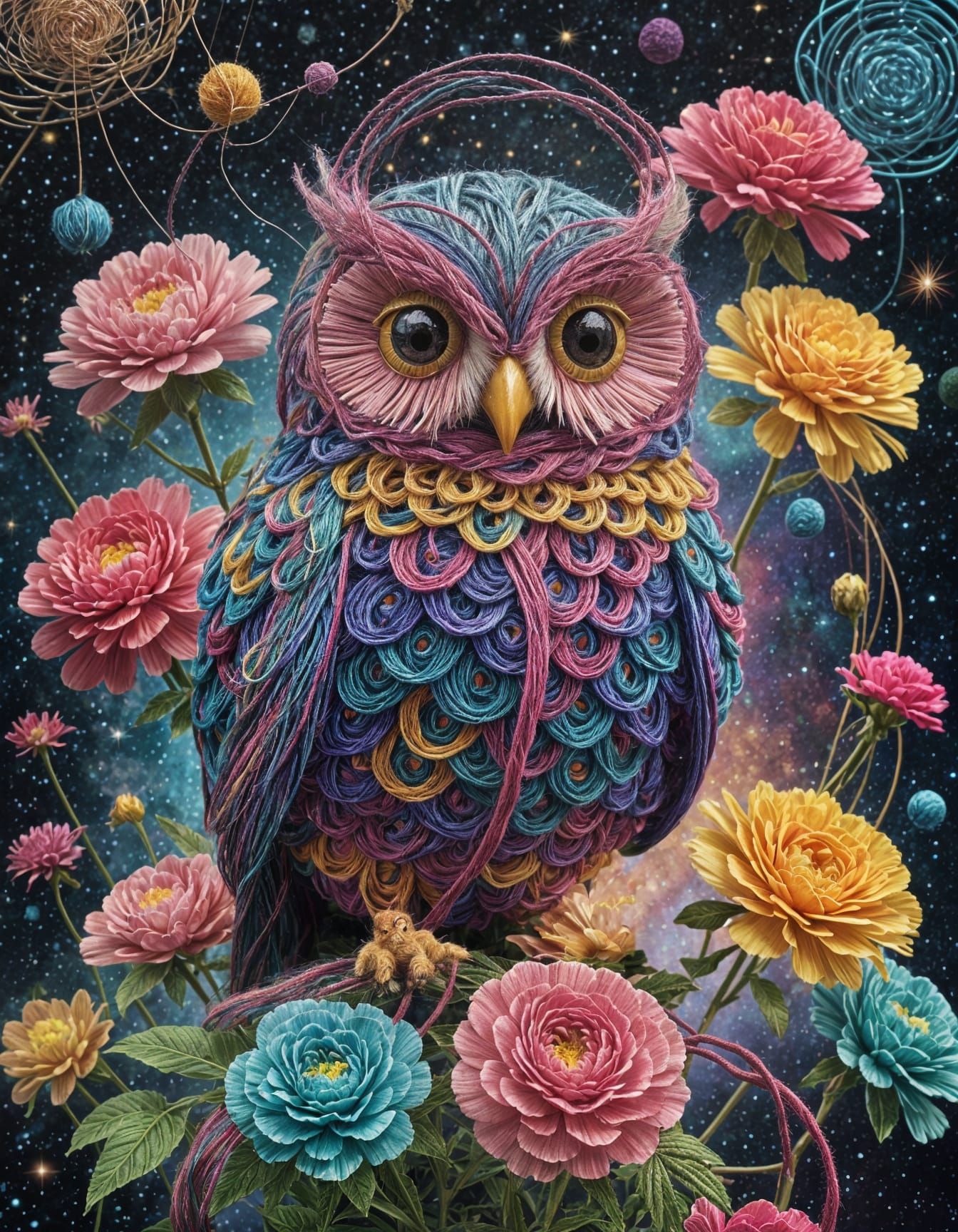 Cosmic Sagittarius’ Knitted Owl Perched on Colourful Carnations  by @DeviLiViciousiLique X