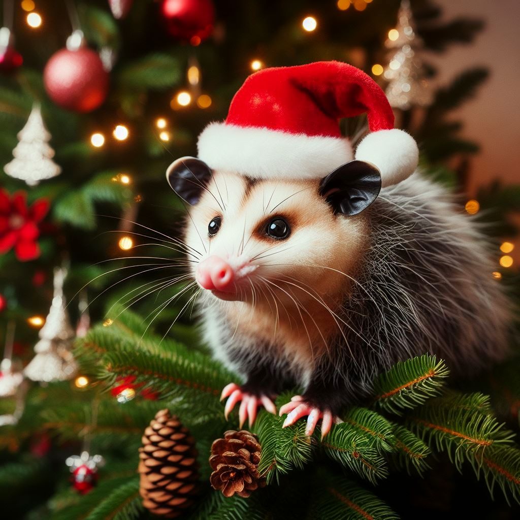 Opossum in a Christmas tree