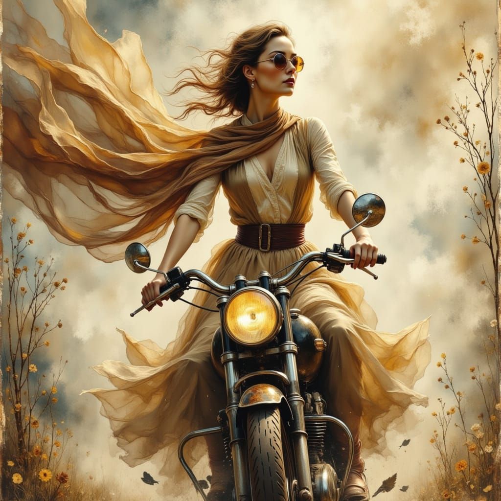  A woman riding a vintage motorcycle   by @sunshine33