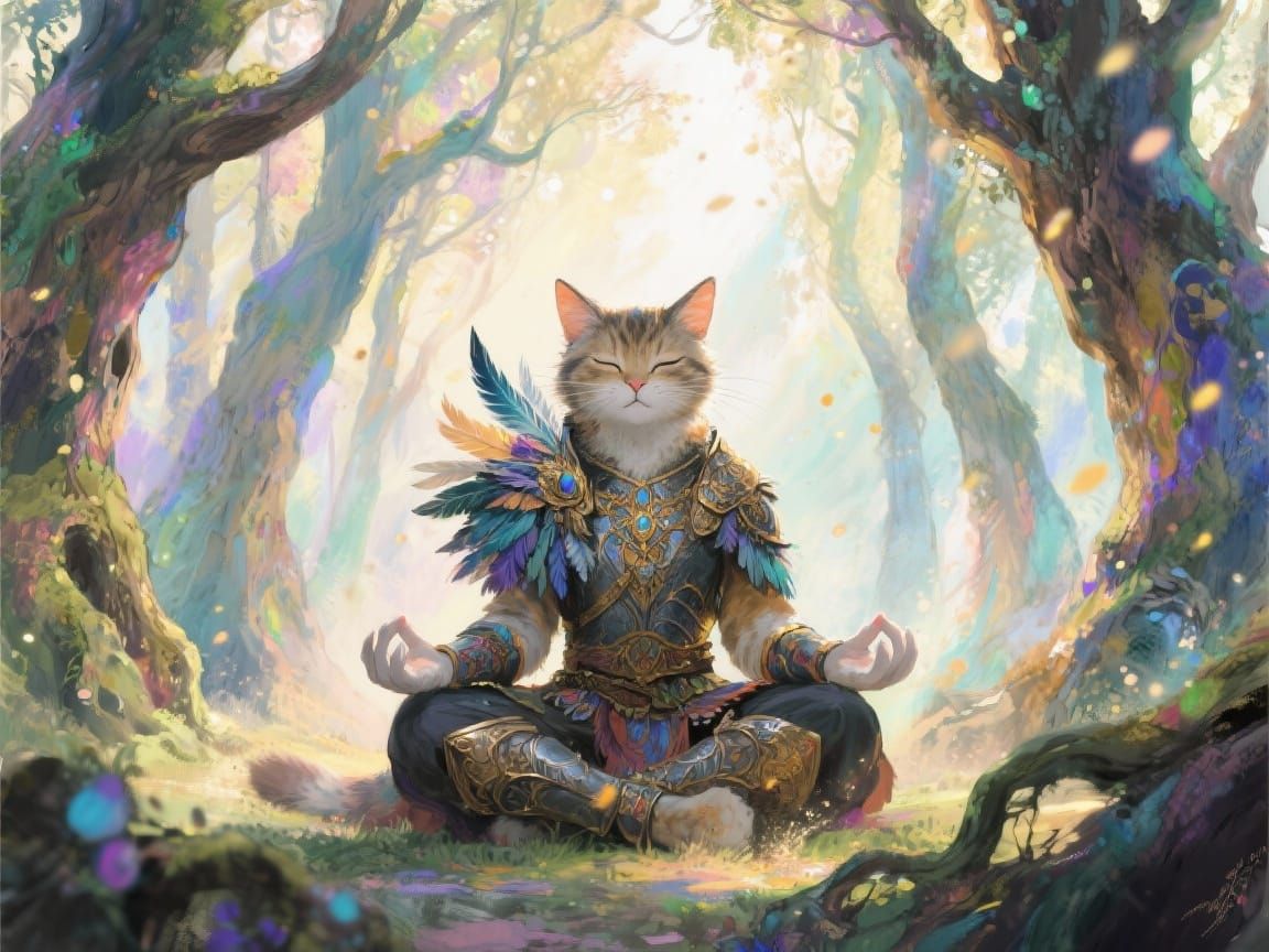 A whimsical scene of a cat human hybrid warrior, adorned in ornate, feathered armor, meditating peacefully amidst a grove of ancient, glowin...