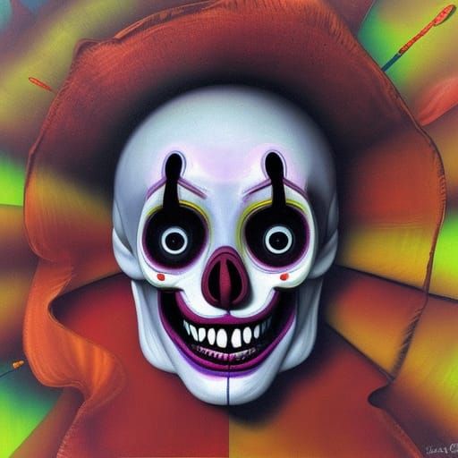 psychedellic acid clown skull with dark smile and big bad ey...