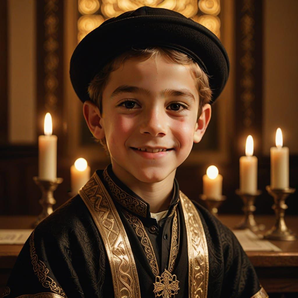 Young Boy Smiles in Traditional Orthodox Jewish Attire, Surr...