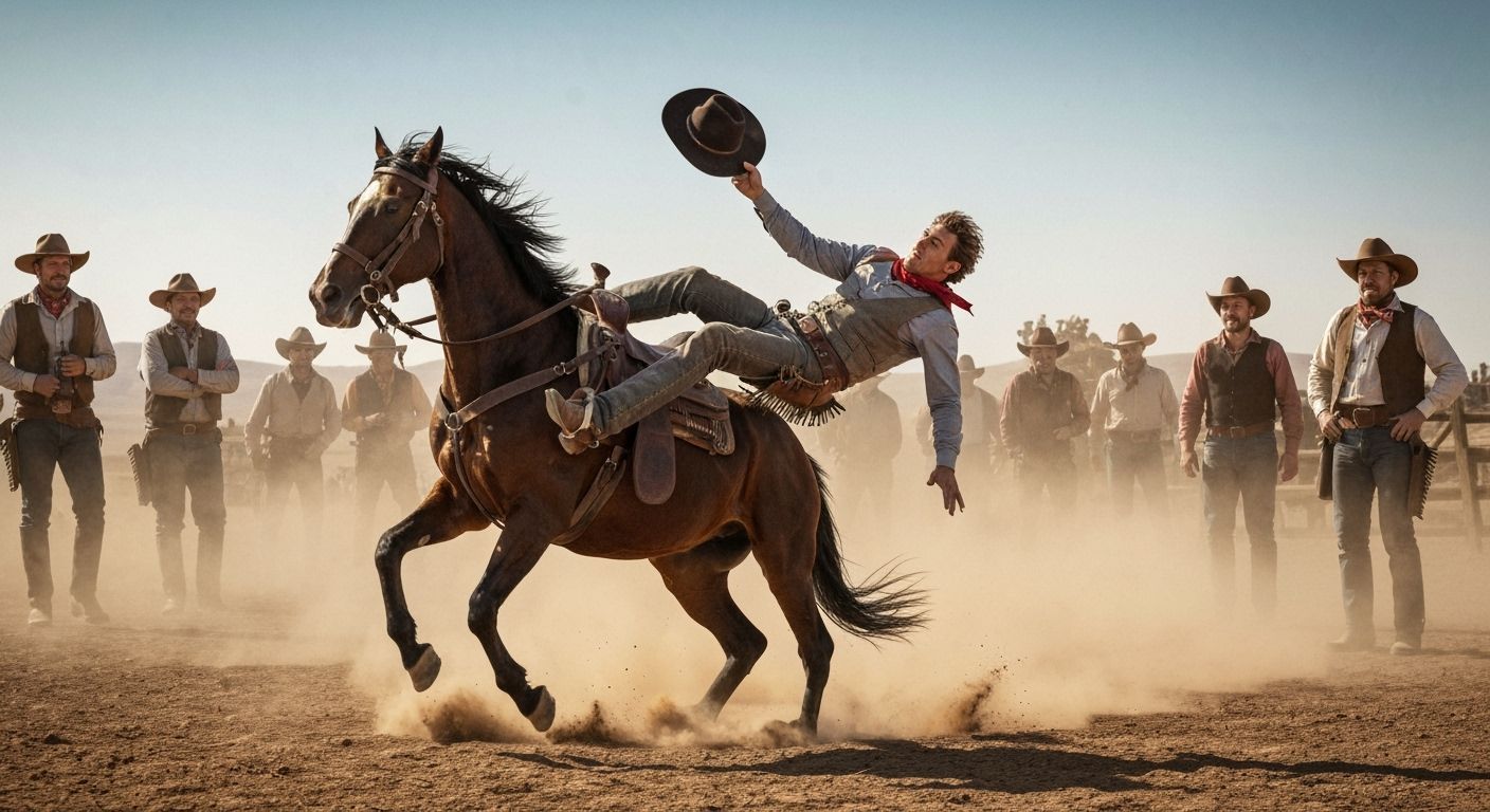 A wild west cowboy in the middle of falling off his horse. On a dusty desert plain, the horse suddenly ...  by @Zoli