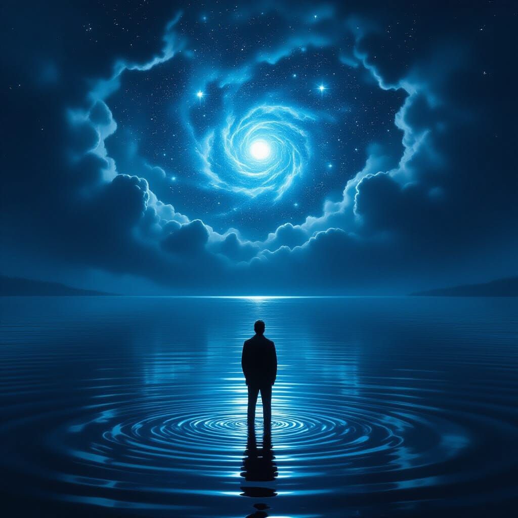 A lone man stands by a vast, dark body of water, gazing at celestial patterns reflected on its surface. Atmosp...