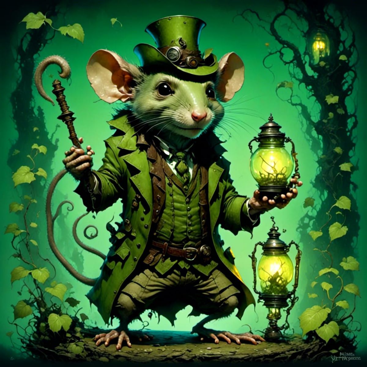 tiny green ratman with beady eyes scaly skin, patches of fur, sharp