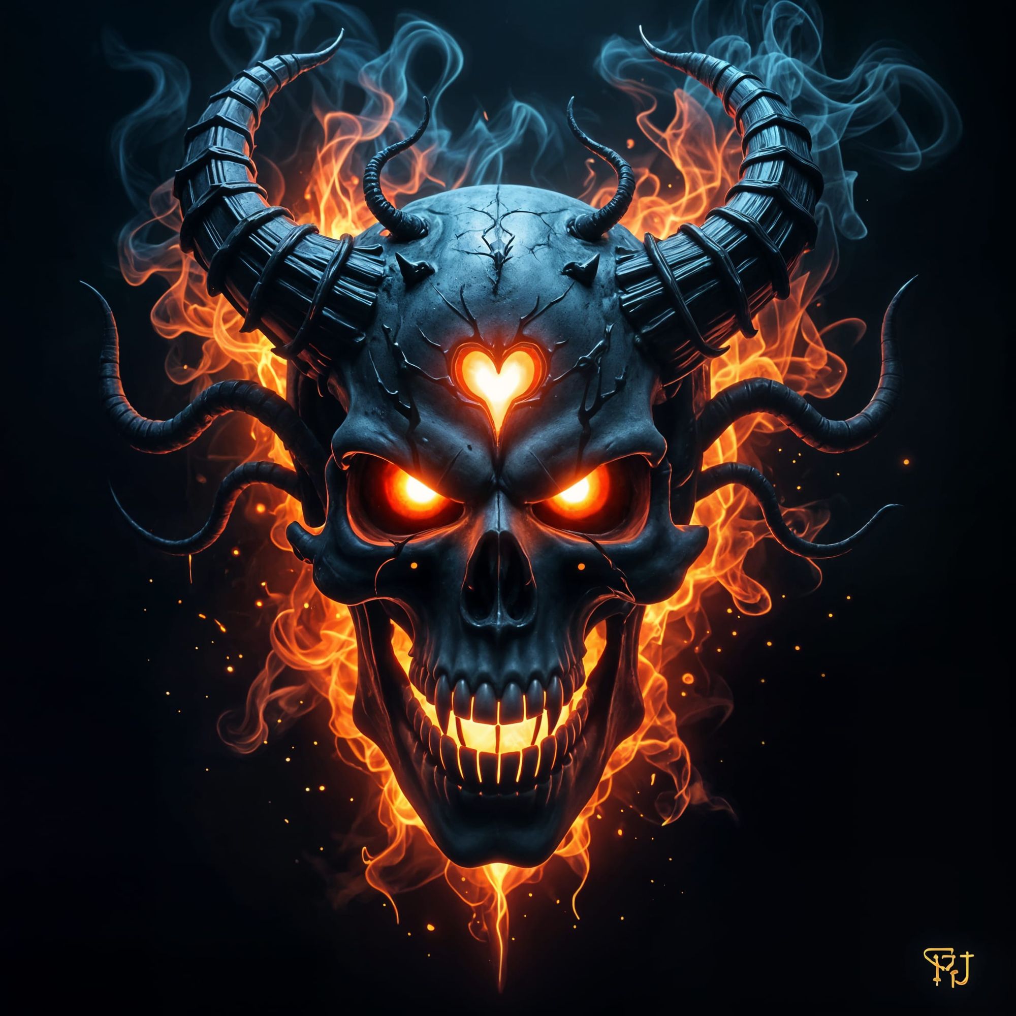 **A close-up portrait of a highly detailed, spectral demonic skull, merging intricate bone structure with swirling, fiery energy.** The skul...
