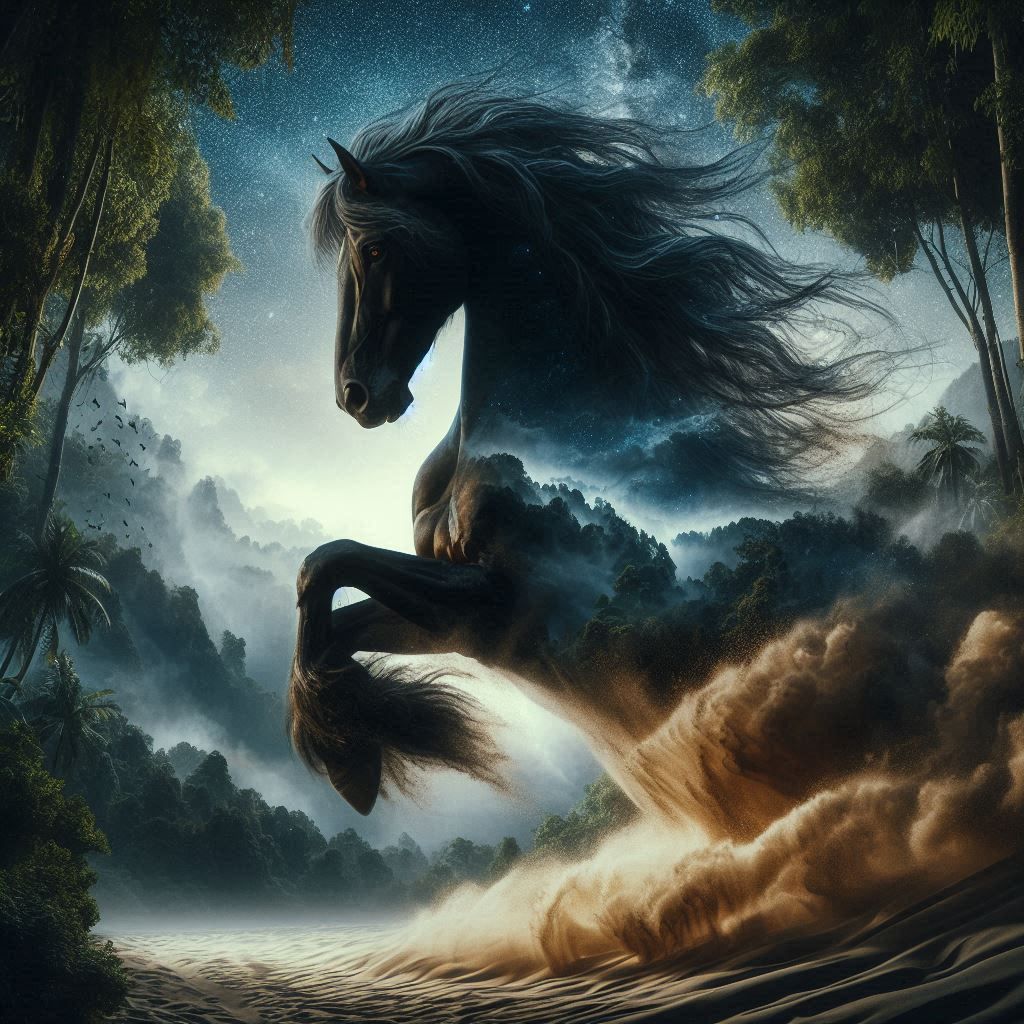 Double exposure Rearing Friesian Horse