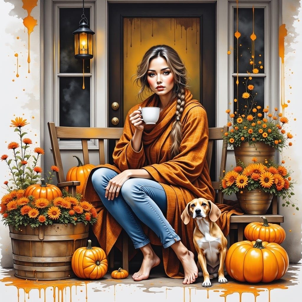 <lora:InkSplashFlux:1.0> a stunning woman, with a messy blond braid and glasses, sitting on a porch bench, holding a cup of tea, wrapped in...