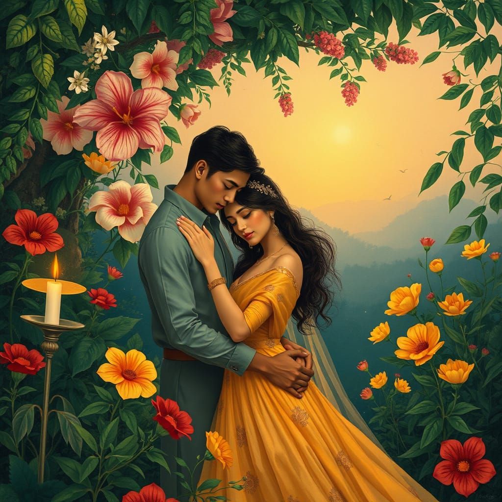 Idyllic Couple in Indian Miniature Style