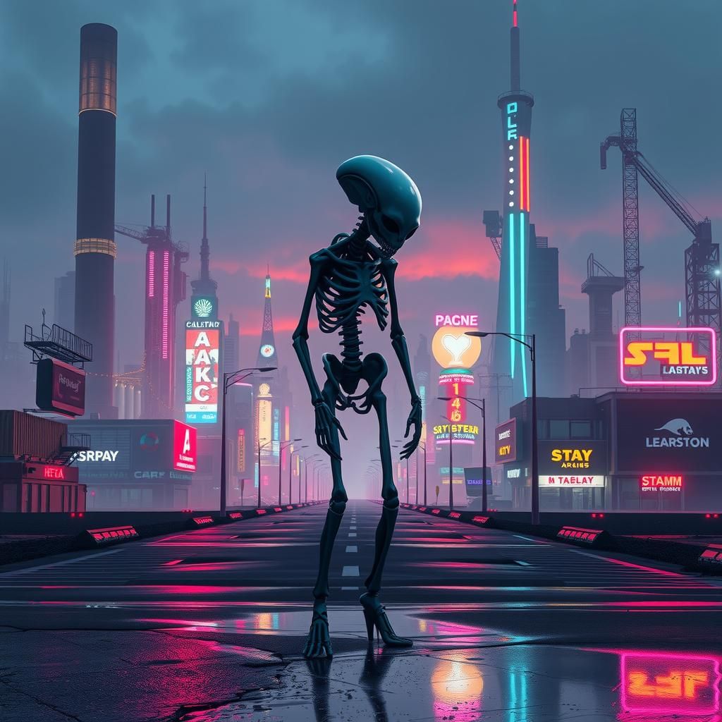 Heartbroken Alien in Neon Cyberpunk Cityscape