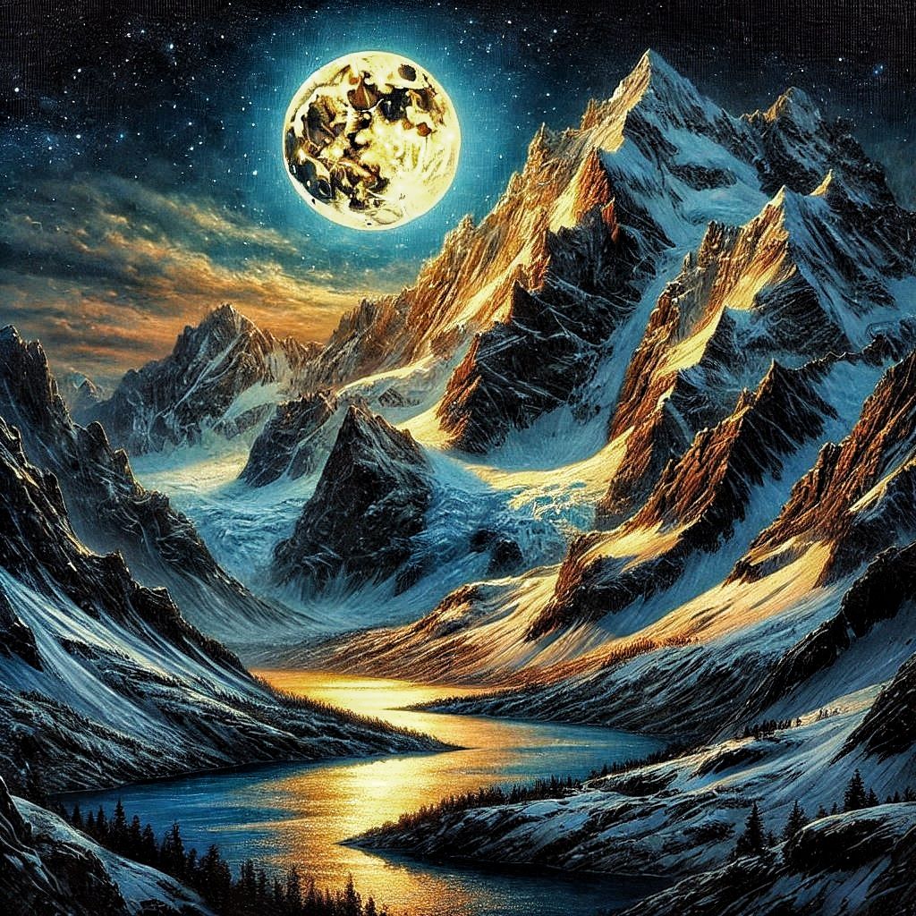 Moonlit snowy mountain