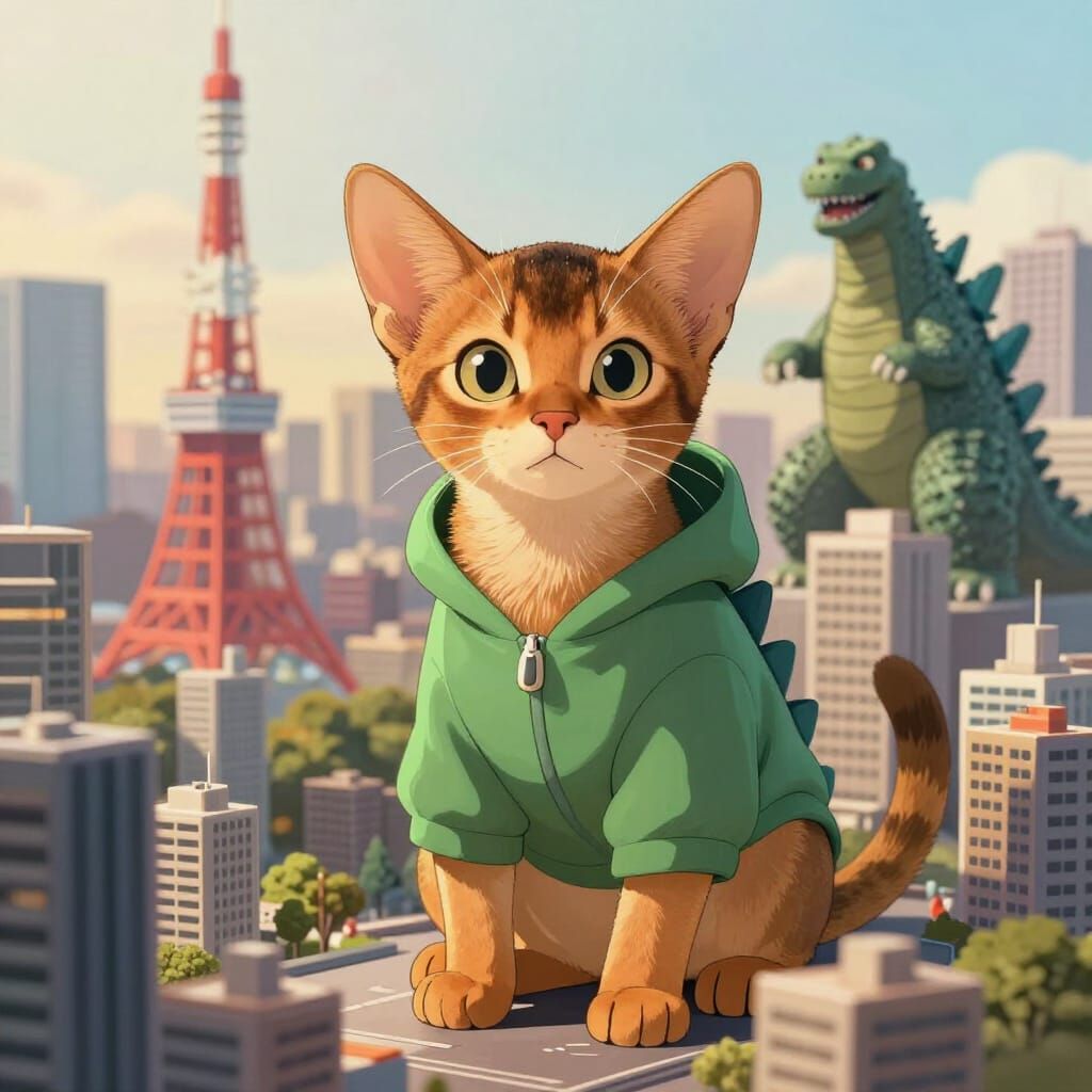Abyssinian Kitten in Godzilla Onesie in Tiny Tokyo