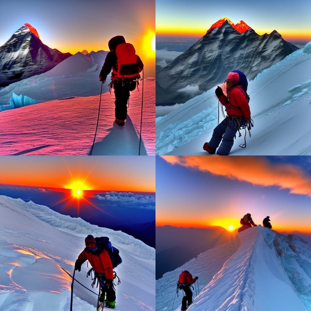 climbing mount everest with the sun setting behind you