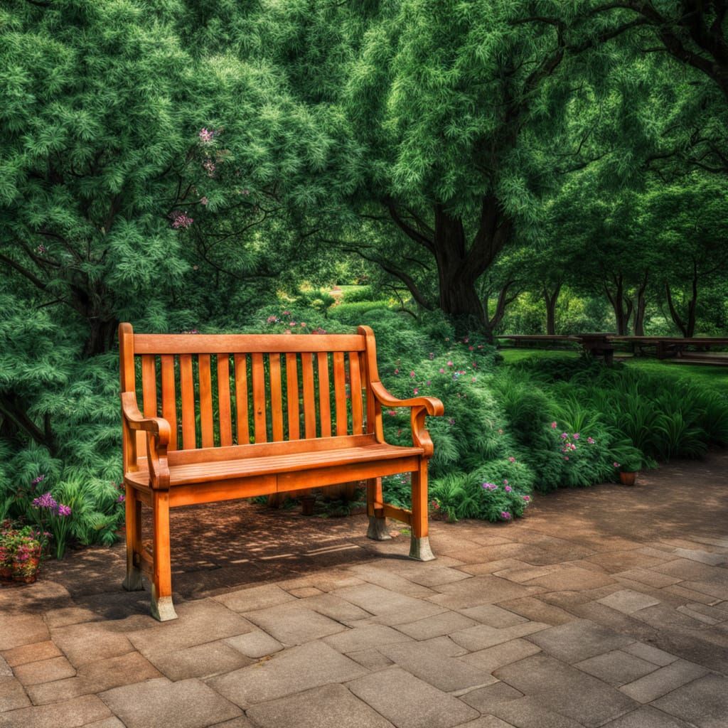 A park bench in a botanical garden with trees and flowers, HDR, beautifully shot, hyperrealistic, sharp focus, 64 megapixels, perfect compos...