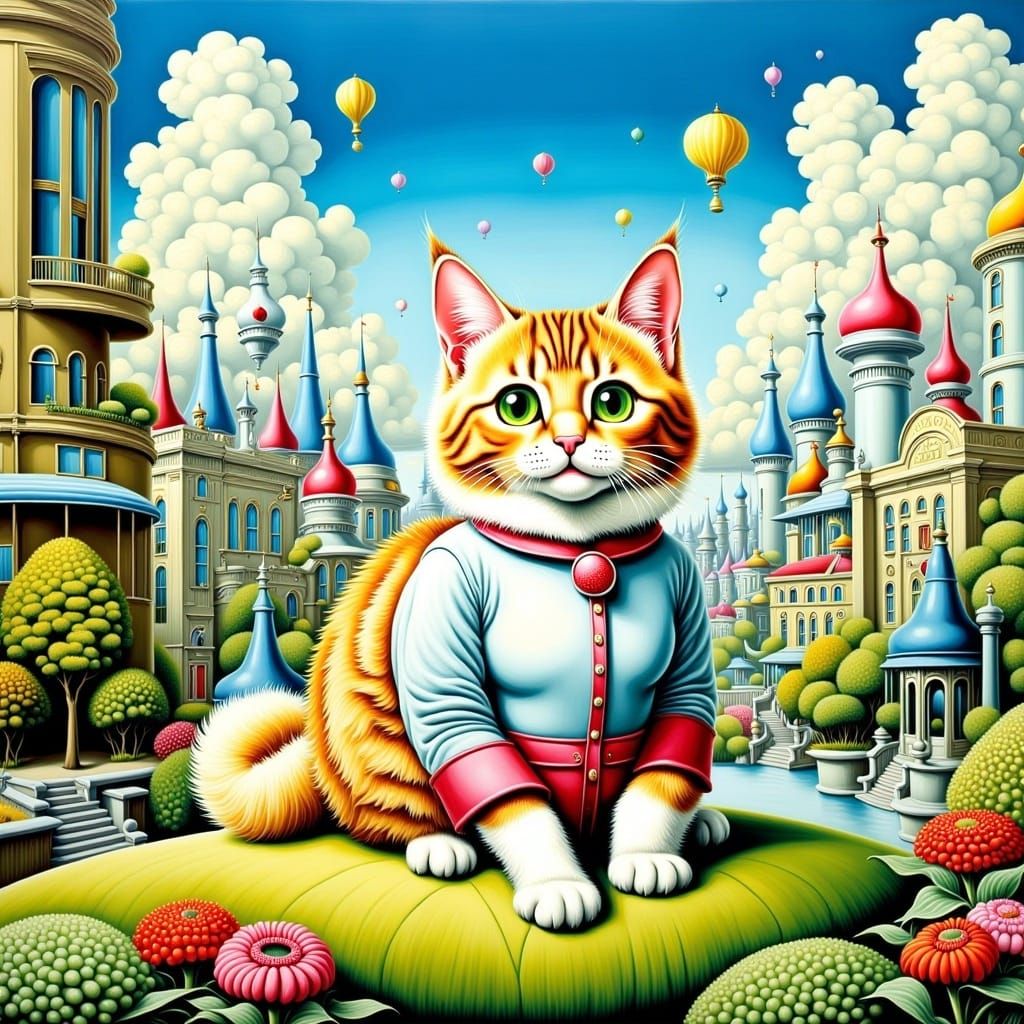 <lora:Pop surrealism Flux:1.0> Utopia. Perfect world. Pop surrealism. Siberian cat in an Idealistic harmonious peaceful futuristic science-f...