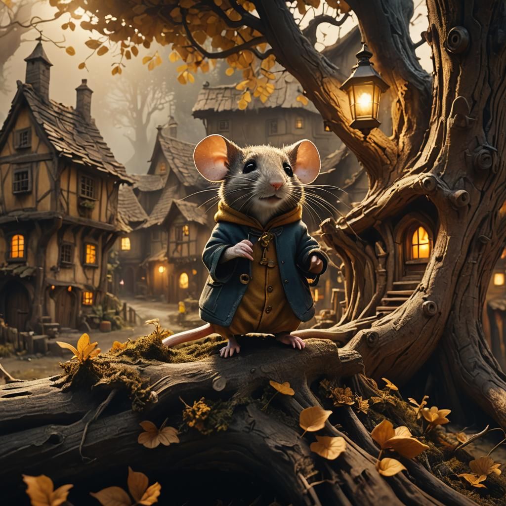 Tiny mouse dressed as a human in a tiny village in a hollow tree. Cinematic fantasy with bold dramatic atmospheric lighting. Extremely detai...