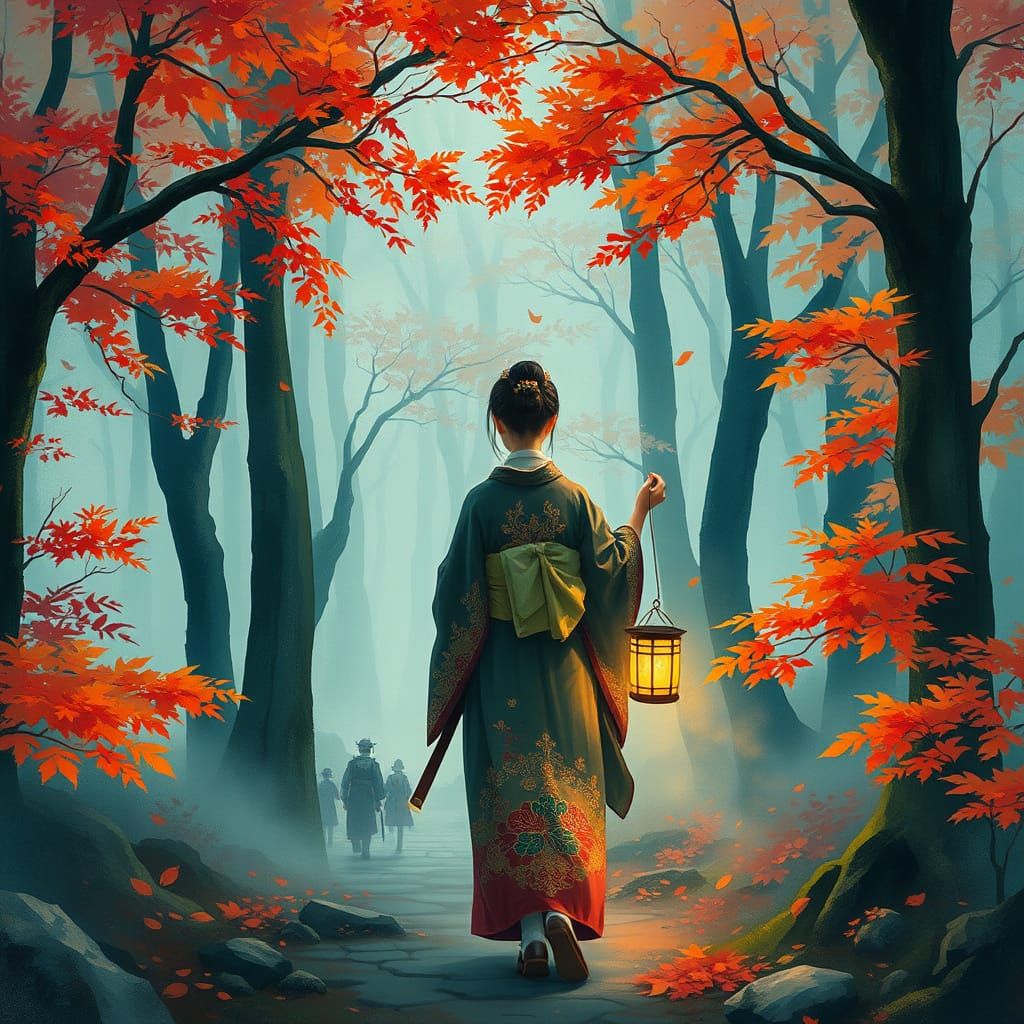 Samurai wife in traditional attire, carrying a glowing paper lantern, walks alone through a misty Japanese ...  by @Moonie