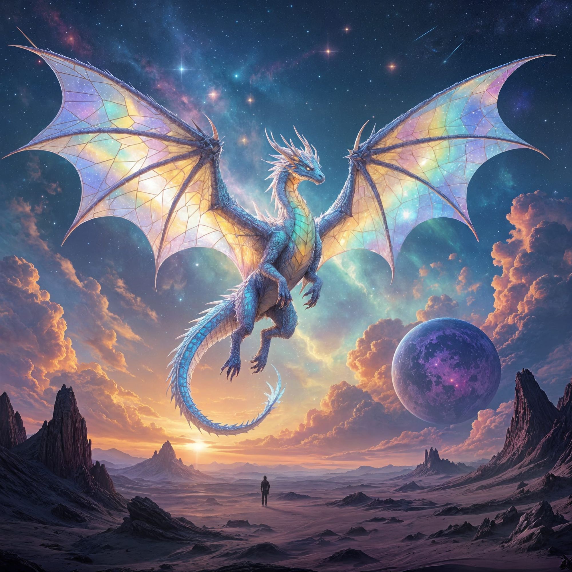 A colossal crystalline dragon, scales shimmering with internal light, soaring through a nebula-filled sky. Its wings unfurl like stained gla...