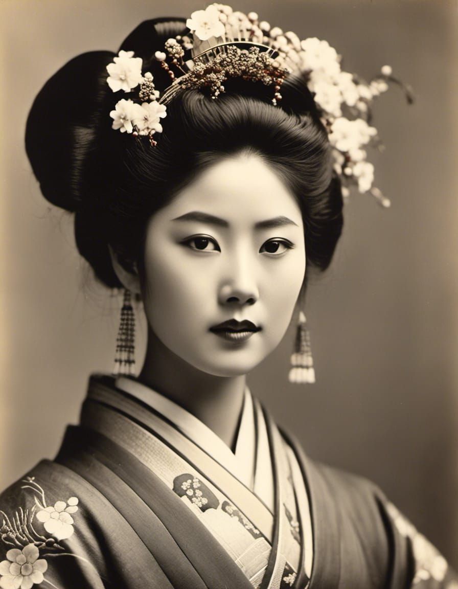  <lora:RealisticPortrait:1.0> close-up beautiful stunning Geisha, lifelike old photo from 1900s