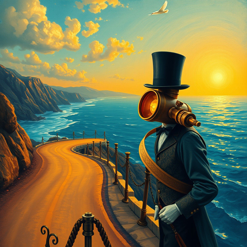 Victorian Telescope Gazing at Sunrise on Life's Road