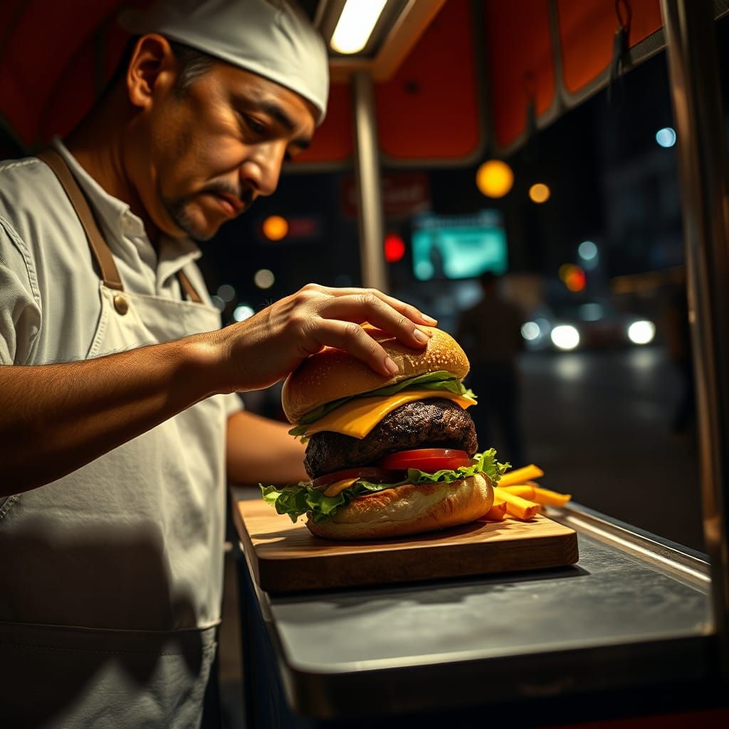 A street vendor makes a hamburger for a customer  by @Amora