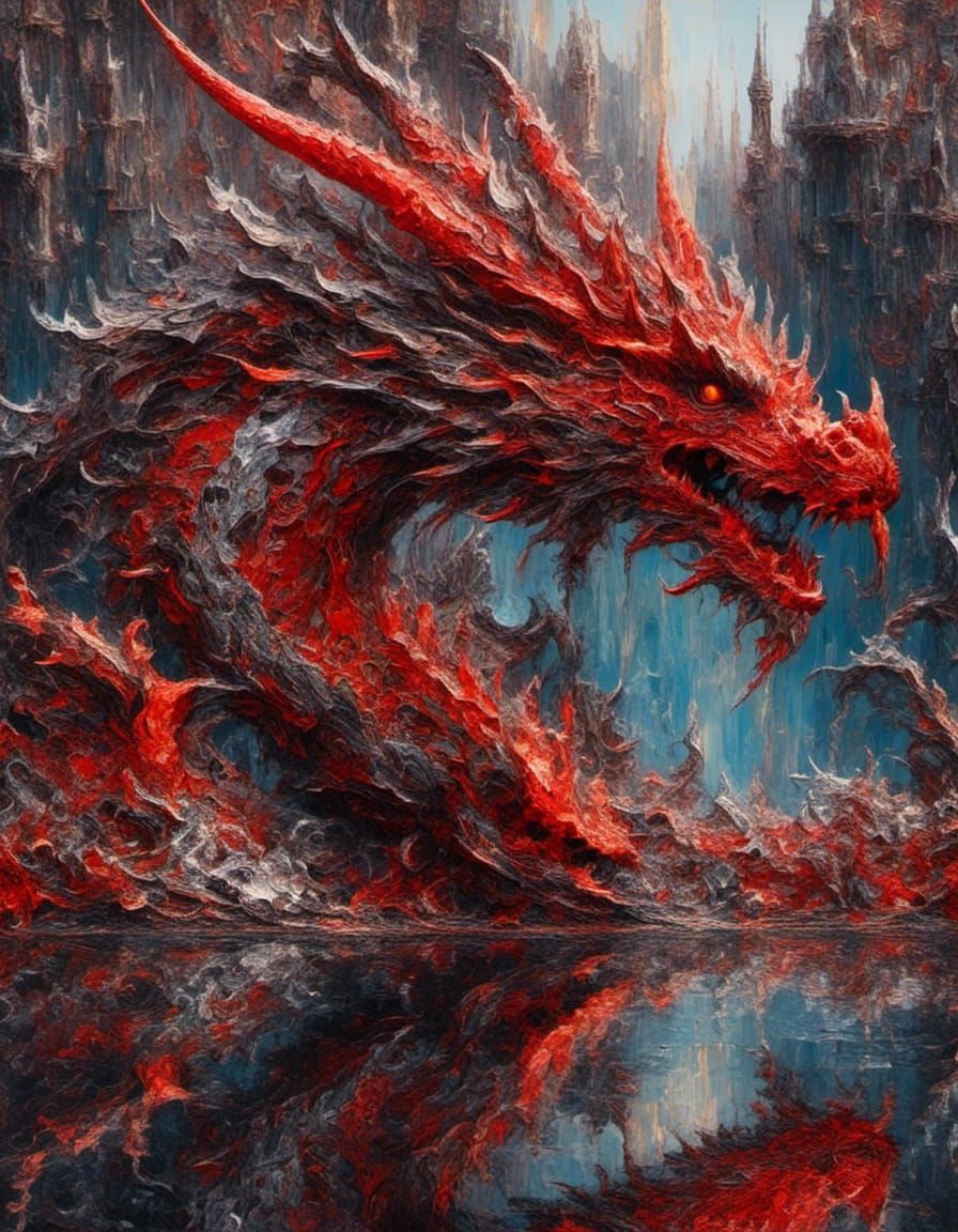 <lora:Impax:1.0> close portrait of a complex red fire dragon in the reflective lake impasto, thick painting, dry brush, volumetric impasto