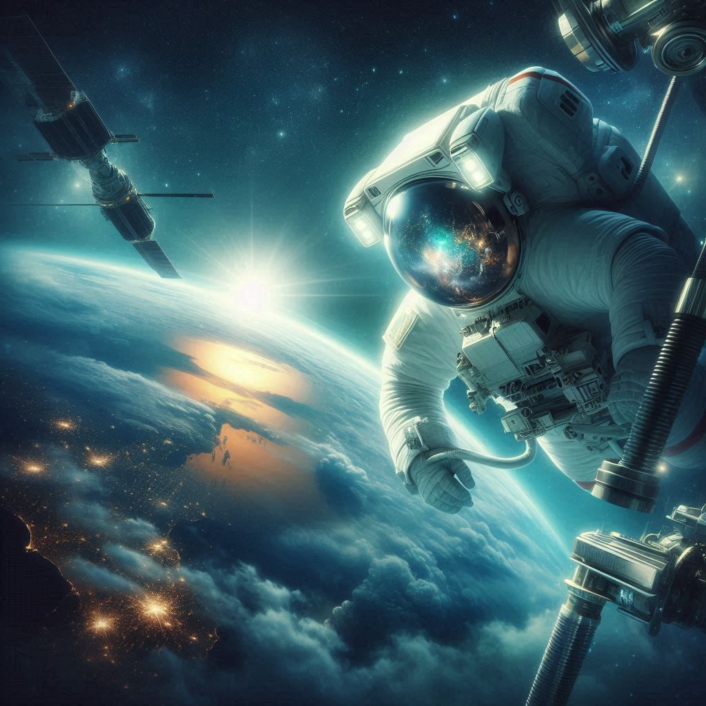 „Astronaut schwebt im All – Die Erde im kosmischen Panorama....