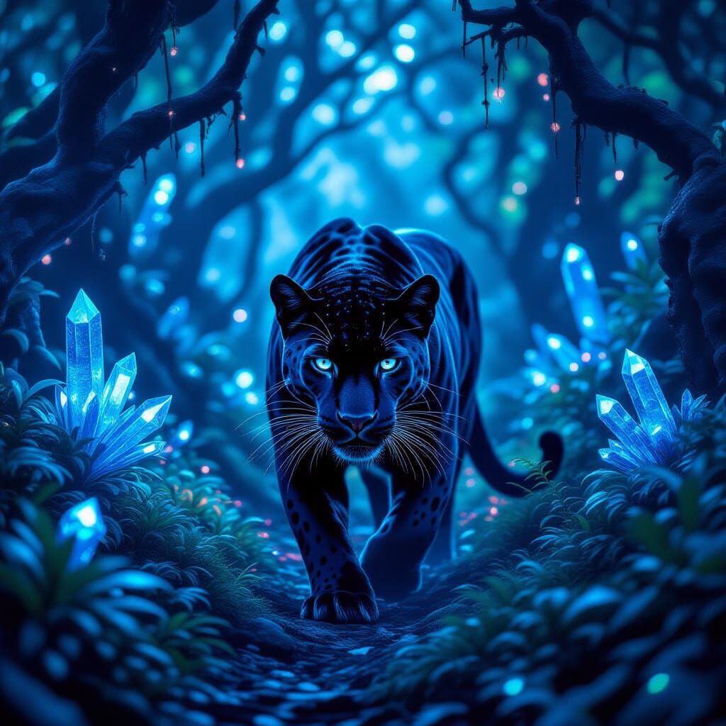 A majestic panther, its fur made of shimmering obsidian shards, stalks through a bioluminescent forest ...  by @Troy