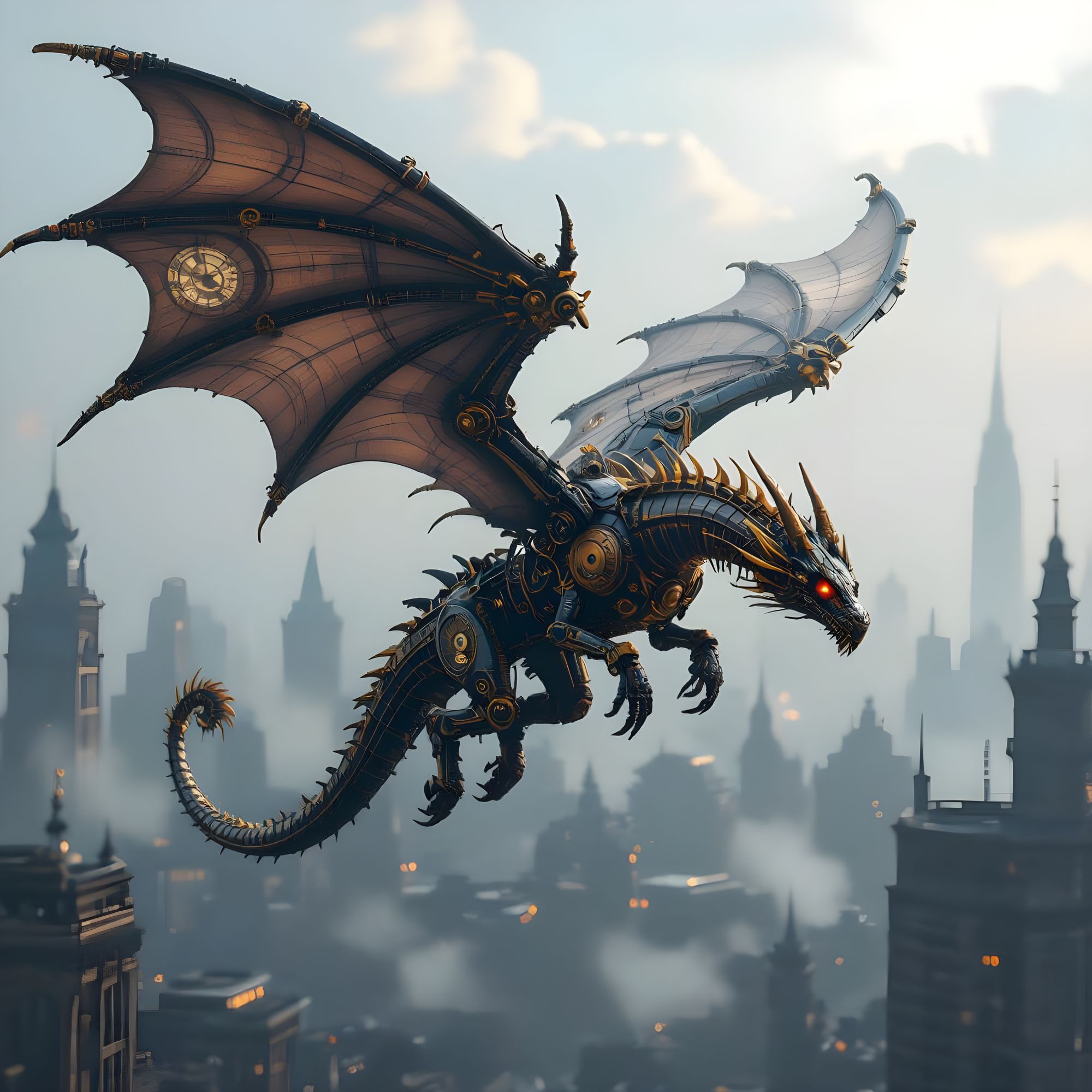 The steampunk dragon, with a powerful flap of its mechanical wings, ascends higher into the sky, as the camera tilts up to follow its majest...