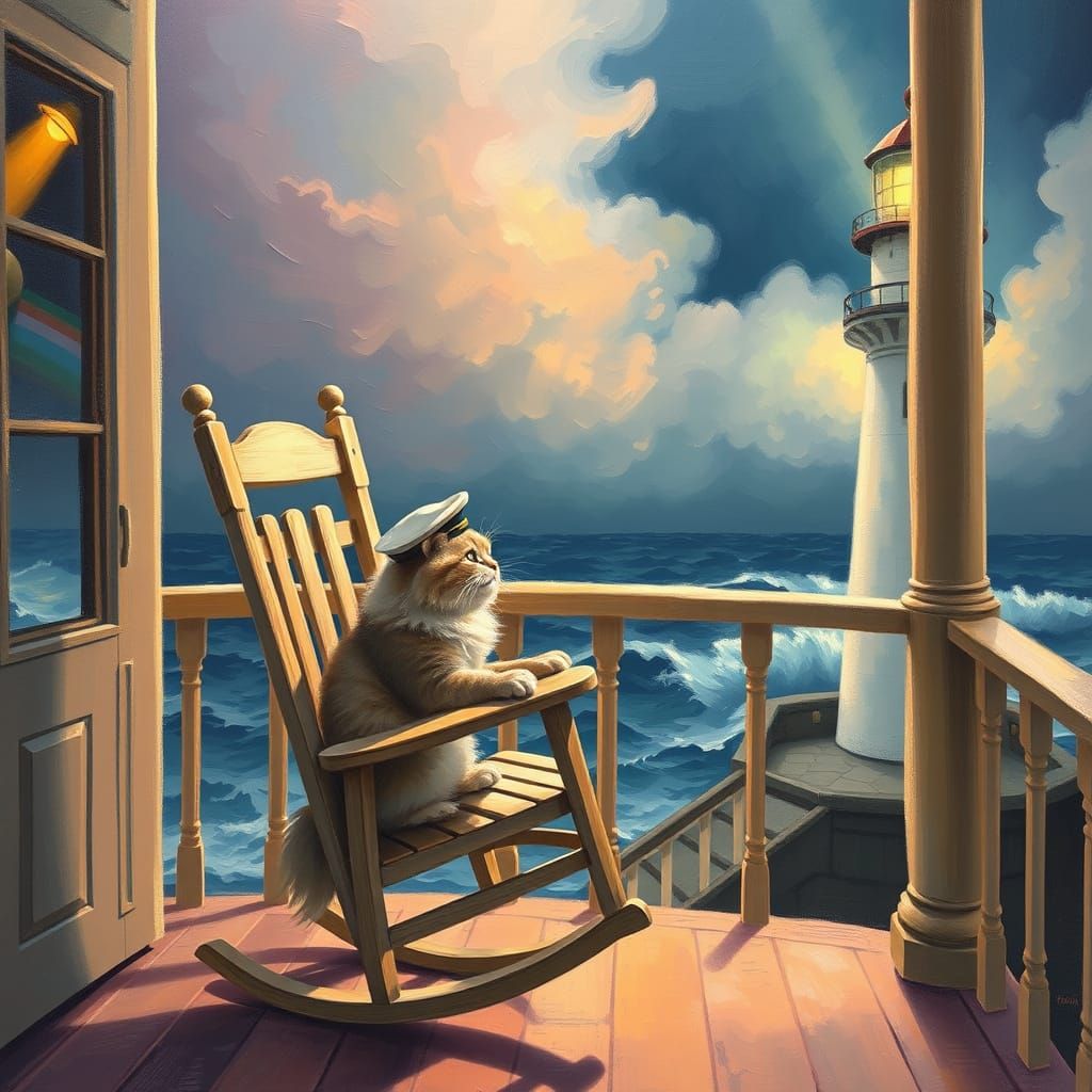 : A rocking chair sits on the porch of a lighthouse, swaying gently in the breeze as a fluffy cat wearing ...  by @Luna
