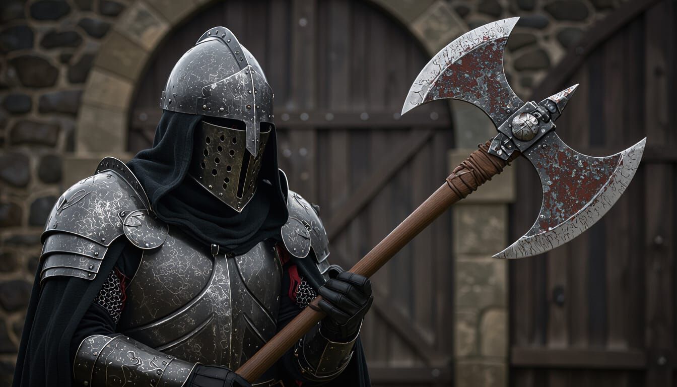 nazgul wearing a full helm with large rusty battle axe