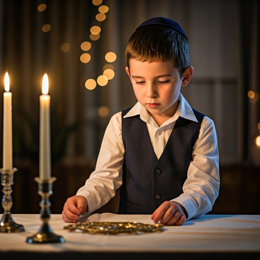 Orthodox Jewish Boy Prepares Shabbat Table in Warm Candlelig...